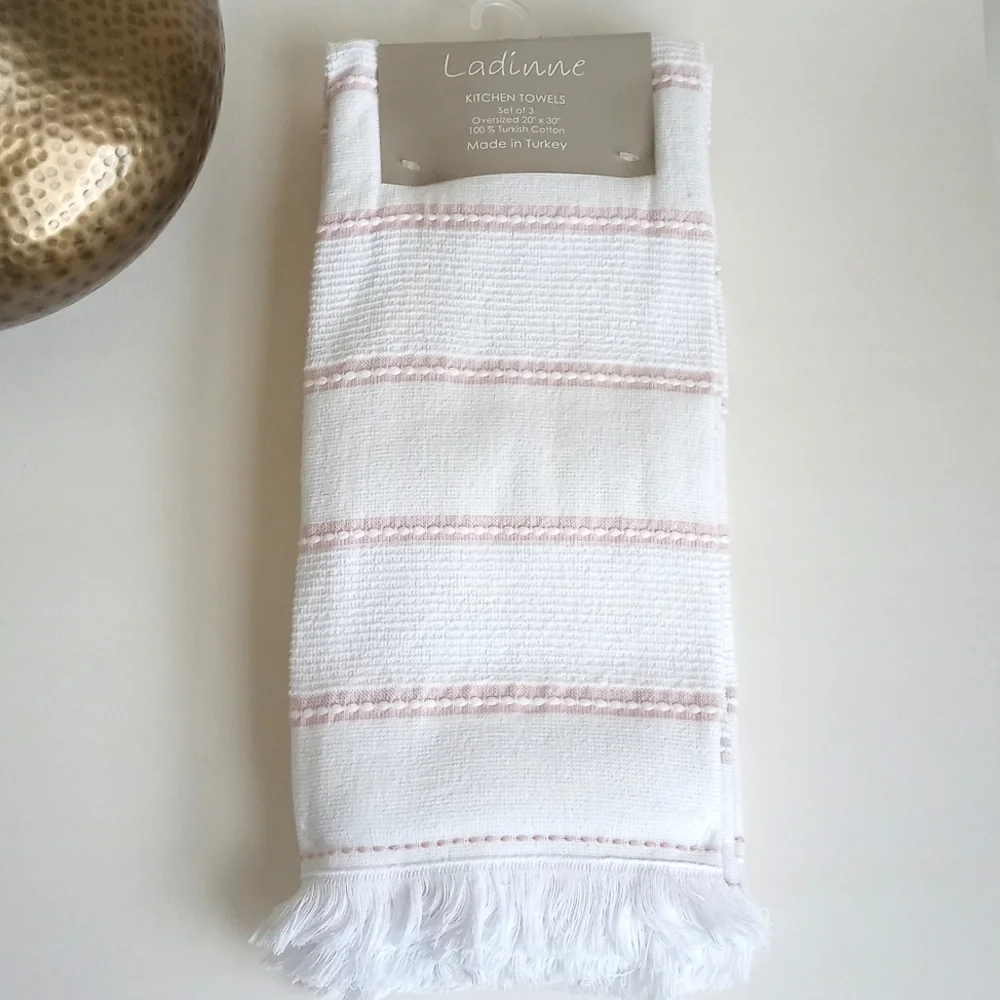 Set Of 3 Laddine White & Light Pink Striped Large Oversized Kitchen Towels